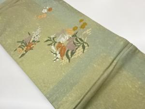 引箔花葉に幾何学模様織出し名古屋帯